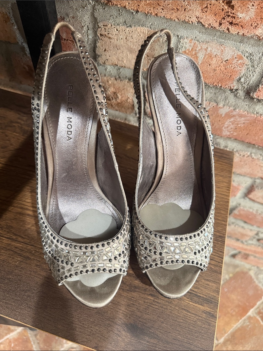 Pelle Moda Crystal Studded Taupe Slingback Peep-Toe Heels
